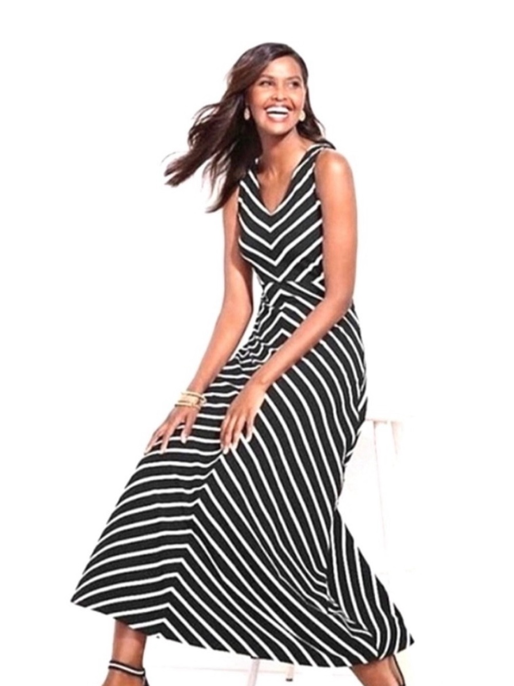 Talbots Black White Stripe V-Neck Sleeveless Maxi Dress w/ Back Cutout Size Med